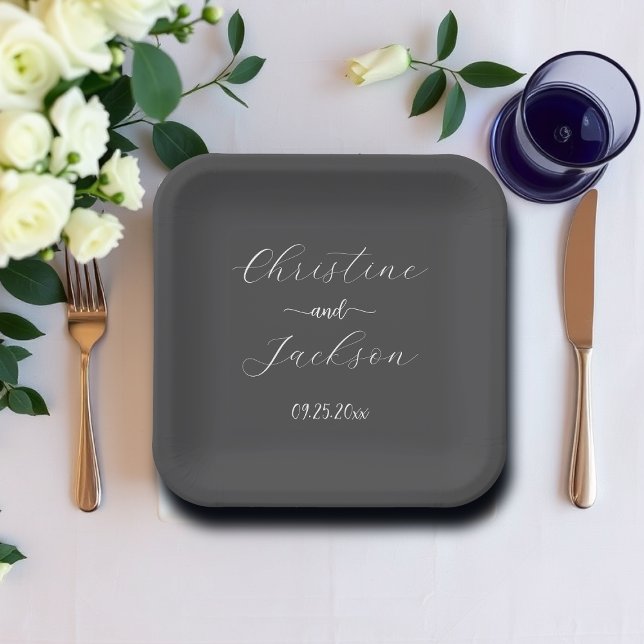 Elegant Script Dark Grey Wedding Paper Plates (Creator Uploaded)