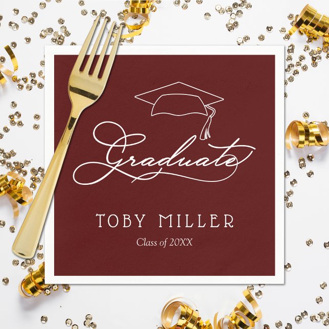 Elegant Script Dark Maroon Graduation Napkins (White script grad cap on dark maroon personalized graduation napkins, paper plates in our store)