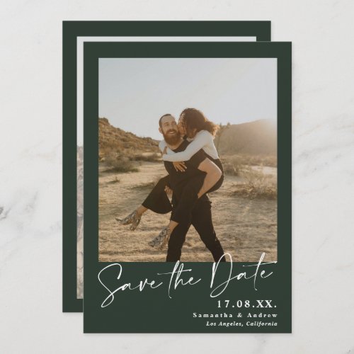 Elegant script deep green 2 photos save the date