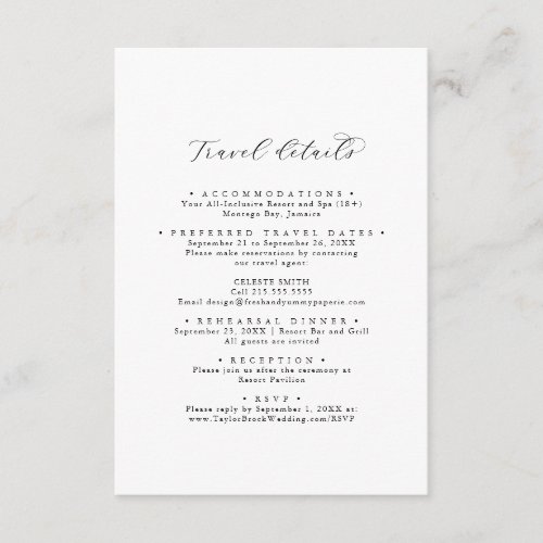 Elegant Script Destination Wedding Travel Details  Enclosure Card