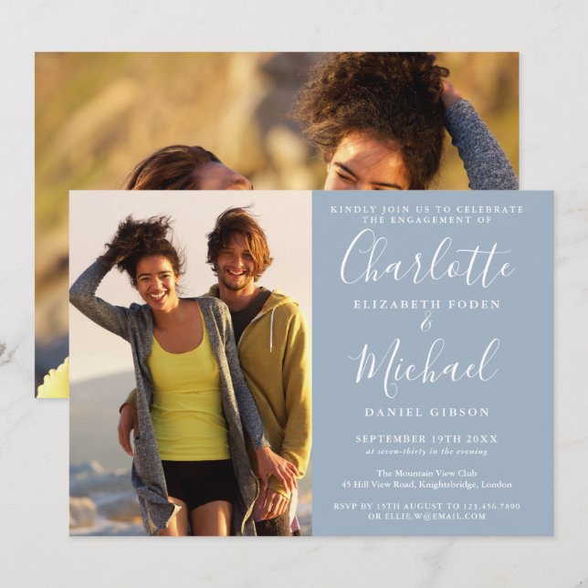 Elegant Script Dusty Blue 2 Photo Engagement Party Invitation (Front/Back)