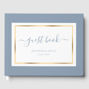 Elegant Script Dusty Blue and Gold Wedding Guest Book