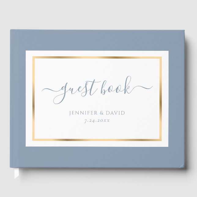 Elegant Script Dusty Blue and Gold Wedding Guest Book (Front)