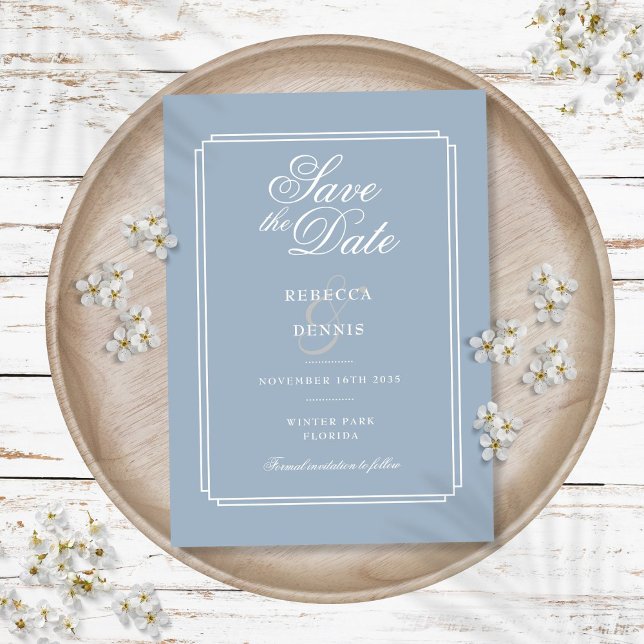 Elegant Script Dusty Blue Art Deco Wedding Save The Date (Elegant Script Dusty Blue Art Deco Wedding Save The Date)