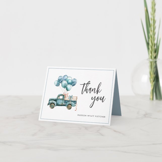 Elegant Script Dusty Blue Baby Boy Thank You Card (Front)