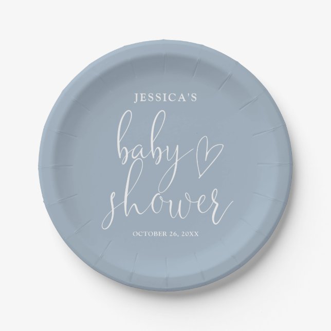 Elegant Script Dusty Blue Baby Shower Paper Plates (Front)