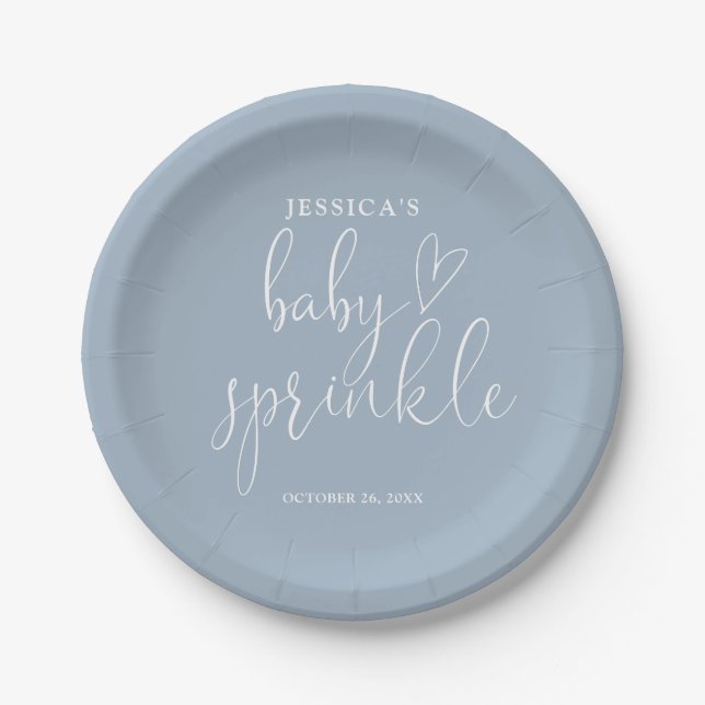 Elegant Script Dusty Blue Baby Sprinkle Shower Paper Plates (Front)