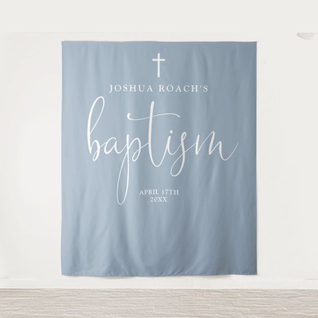Elegant Script Dusty Blue Baptism Photo Backdrop (Front)