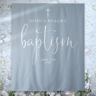 Elegant Script Dusty Blue Baptism Photo Backdrop