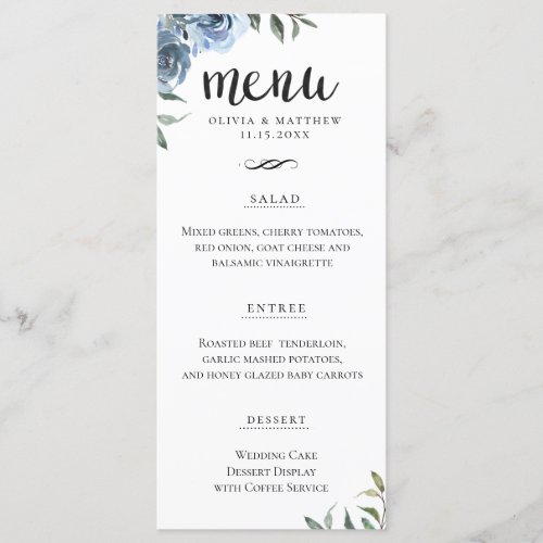 Elegant Script Dusty Blue Botanical Wedding Menu