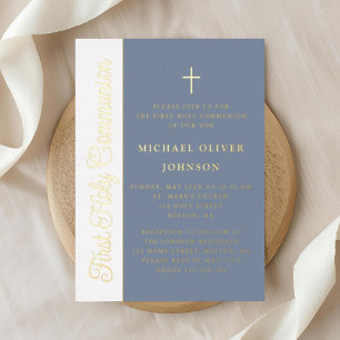 Elegant Script Dusty Blue Boy First Communion Gold Foil Invitation