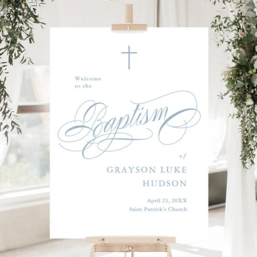 Elegant Script Dusty Blue Boys Baptism Welcome Foam Board