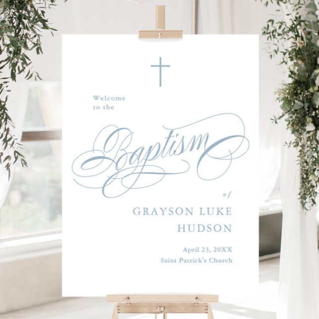 Elegant Script Dusty Blue Boys Baptism Welcome Foam Board (Elegant Script Dusty Blue Boys Baptism Welcome Sign.)