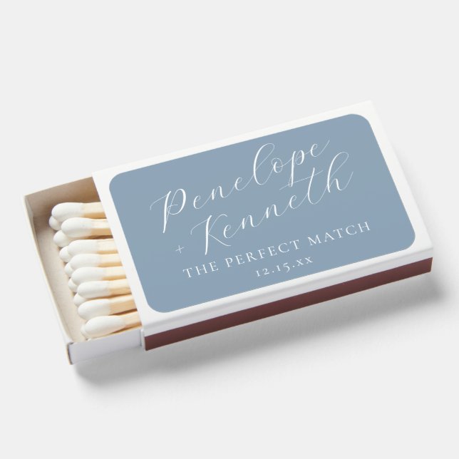Elegant Script Dusty Blue Custom Wedding Favor Matchboxes (Front Open)