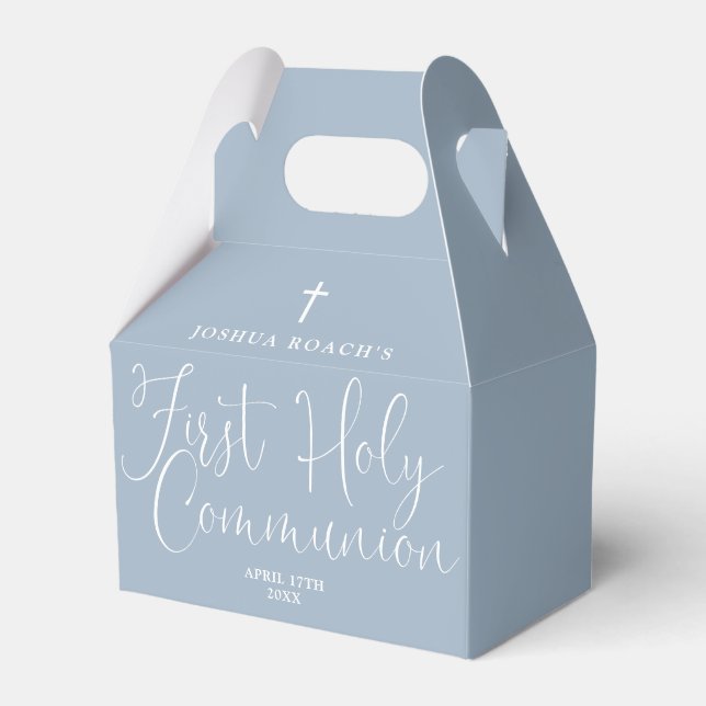Elegant Script Dusty Blue First Holy Communion Favor Boxes (Front Side)