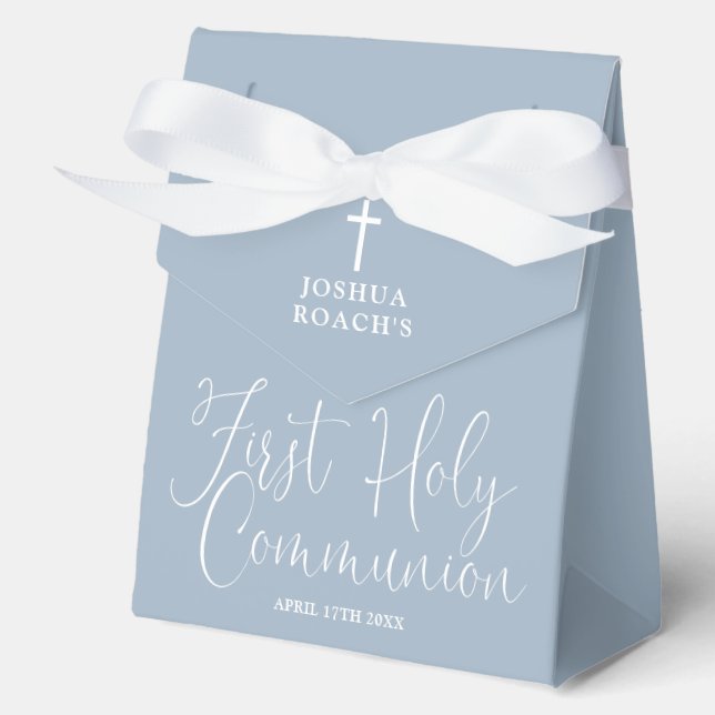 Elegant Script Dusty Blue First Holy Communion Favor Boxes (Front)