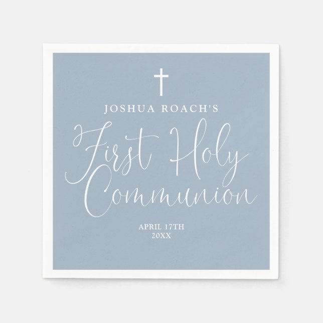 Elegant Script Dusty Blue First Holy Communion Napkins (Front)
