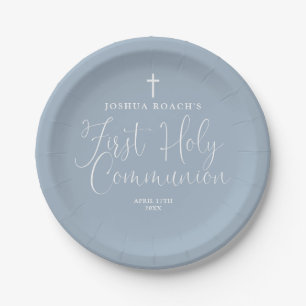 Elegant Script Dusty Blue First Holy Communion Paper Plates
