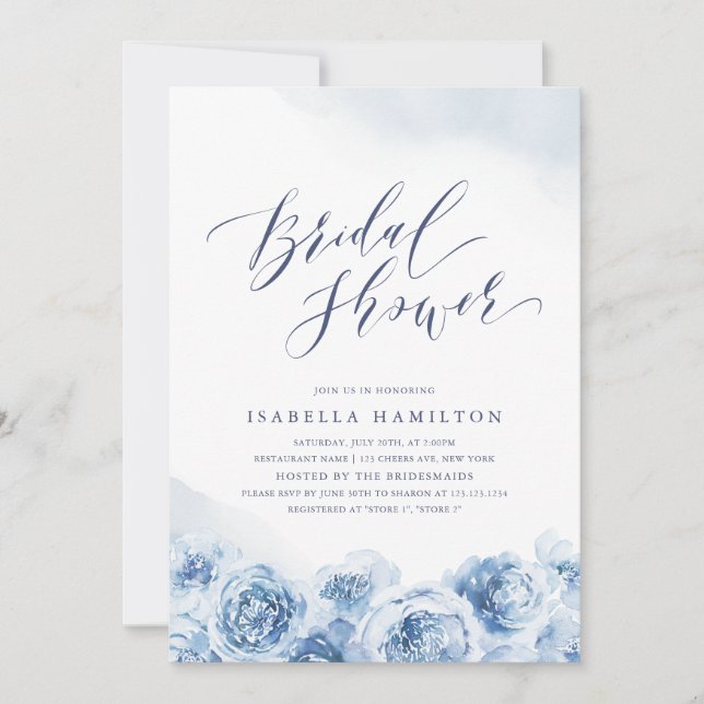 Elegant script dusty blue floral bridal shower invitation (Front)