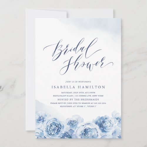 Elegant script dusty blue floral bridal shower invitation