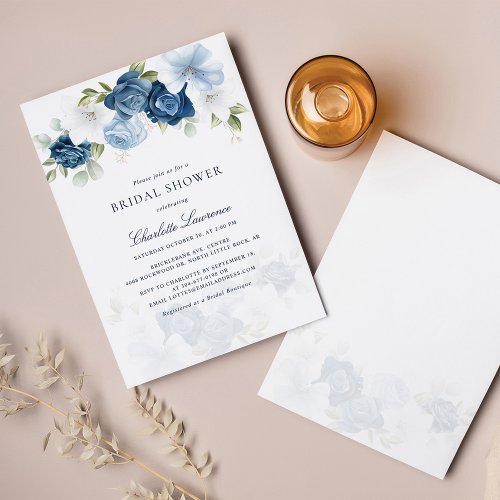 Elegant Script Dusty Blue Floral Bridal Shower Invitation