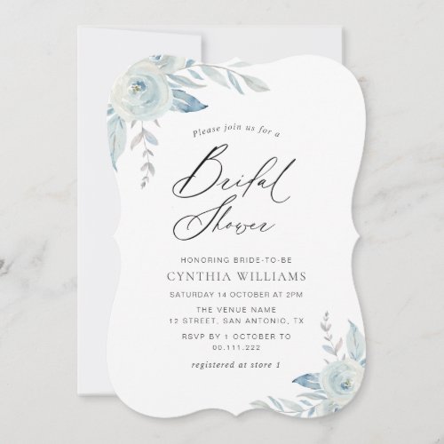 elegant script dusty blue floral bridal shower invitation