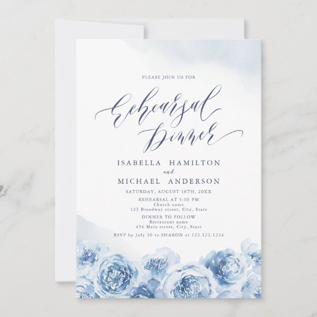 Elegant script dusty blue floral rehearsal dinner invitation (Front)