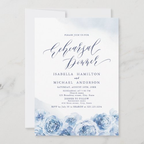 Elegant script dusty blue floral rehearsal dinner invitation