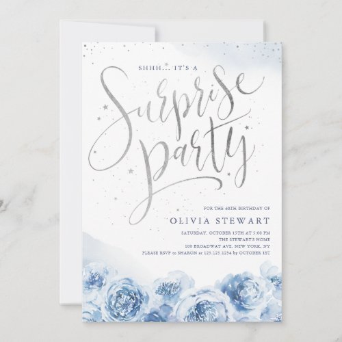 Elegant script dusty blue floral surprise birthday invitation