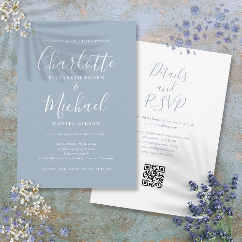 Elegant Script Dusty Blue Modern QR Code Wedding Invitation