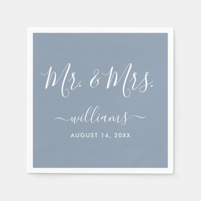 Elegant Script Dusty Blue Mr. and Mrs. Napkins (Front)