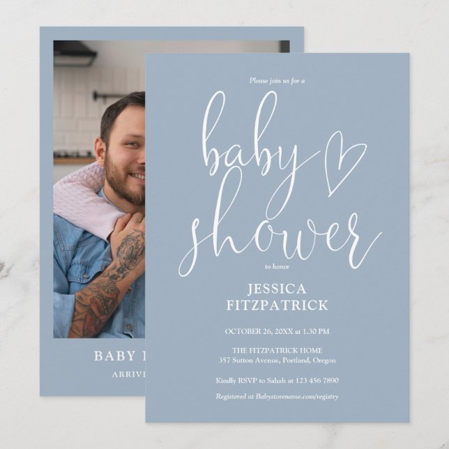 Elegant Script Dusty Blue Photo Baby Shower Invitation (Front/Back)