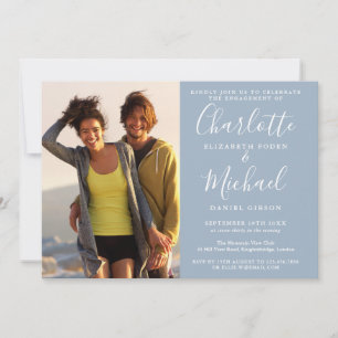 Elegant Script Dusty Blue Photo Engagement Party Invitation