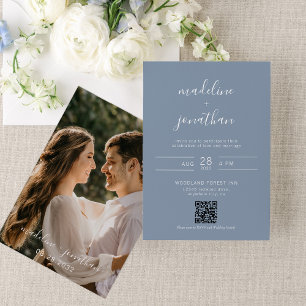 Elegant Script Dusty Blue Photo QR Code Wedding Invitation