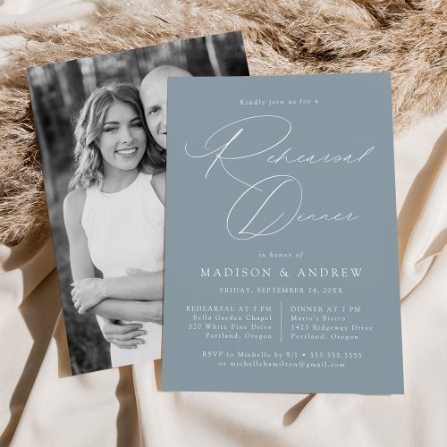 Elegant Script Dusty Blue Photo Rehearsal Dinner Invitation