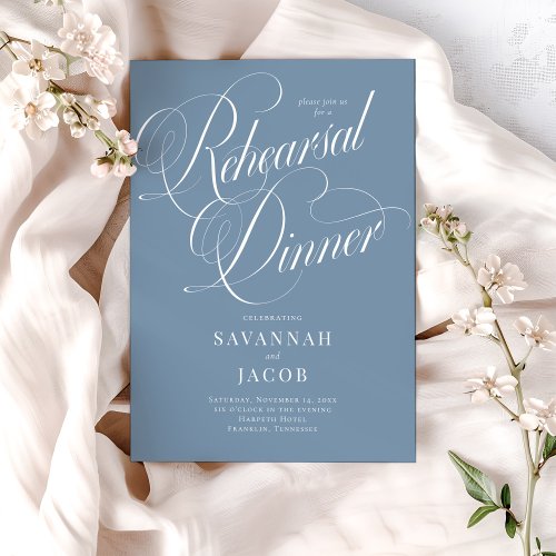 Elegant Script Dusty Blue Rehearsal Dinner Invitation