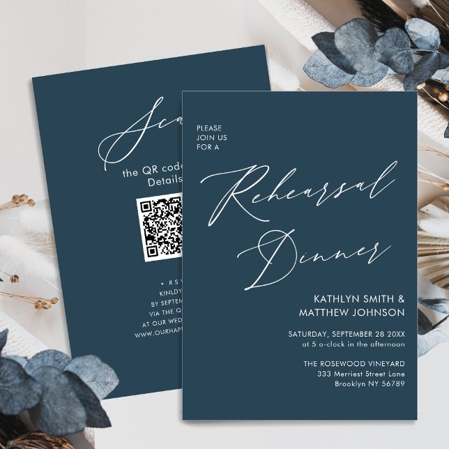 Elegant Script Dusty Blue Rehearsal Dinner QR Invitation (Creator Uploaded)