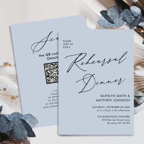 Elegant Script Dusty Blue Rehearsal Dinner QR Invitation