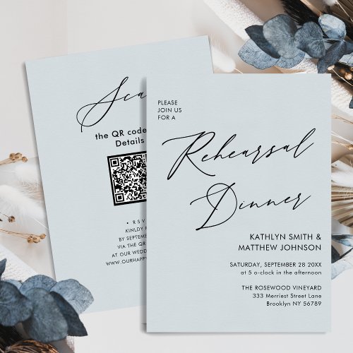 Elegant Script Dusty Blue Rehearsal Dinner QR Invitation