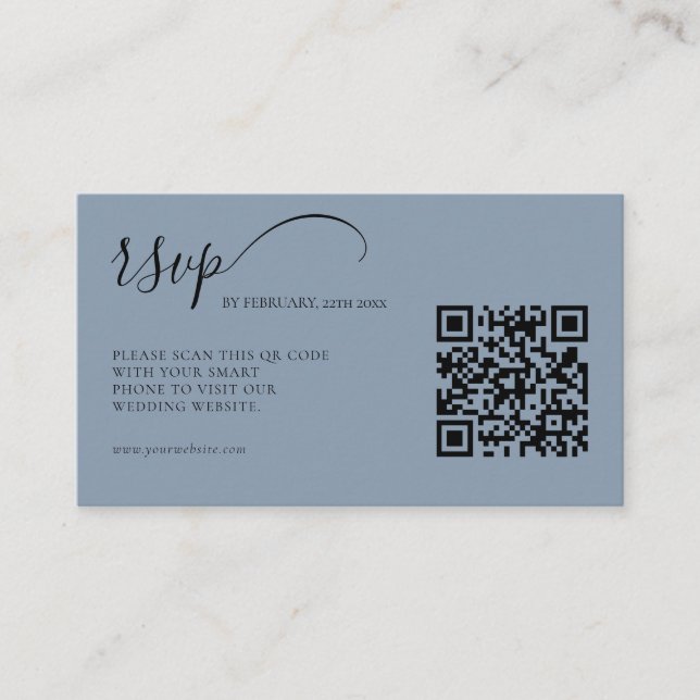 Elegant Script Dusty Blue RSVP QR Code Wedding Enclosure Card (Front)