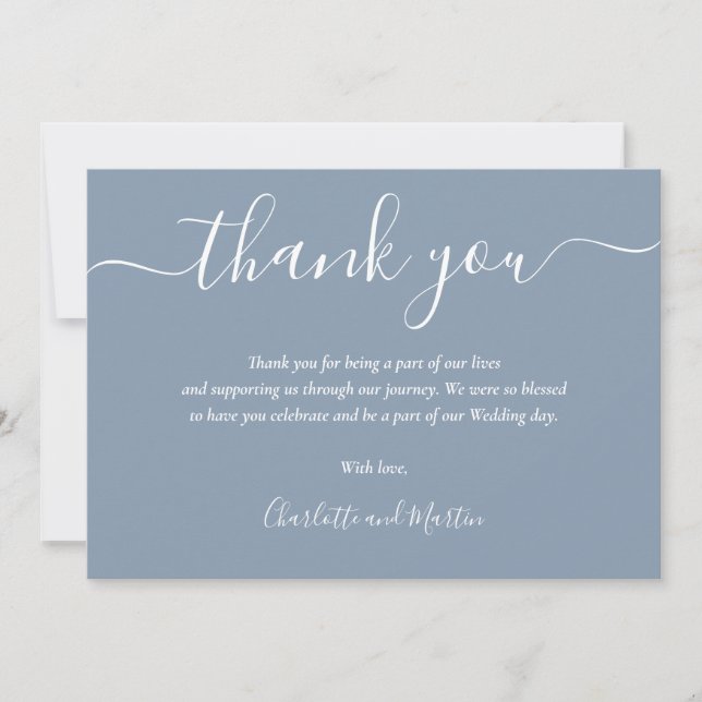 Elegant Script Dusty Blue Thank You Card (Front)
