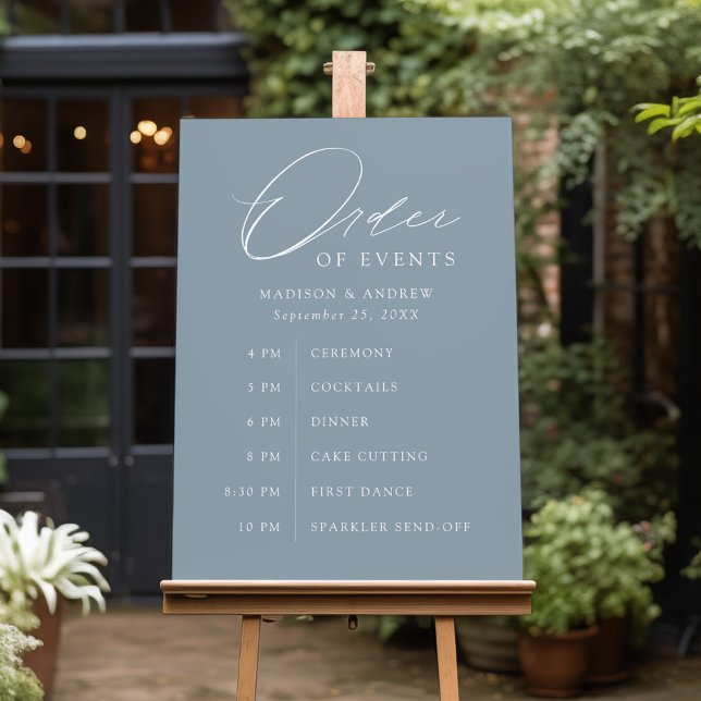 Elegant Script Dusty Blue Wedding Order of Events Foam Board (Creator Uploaded)