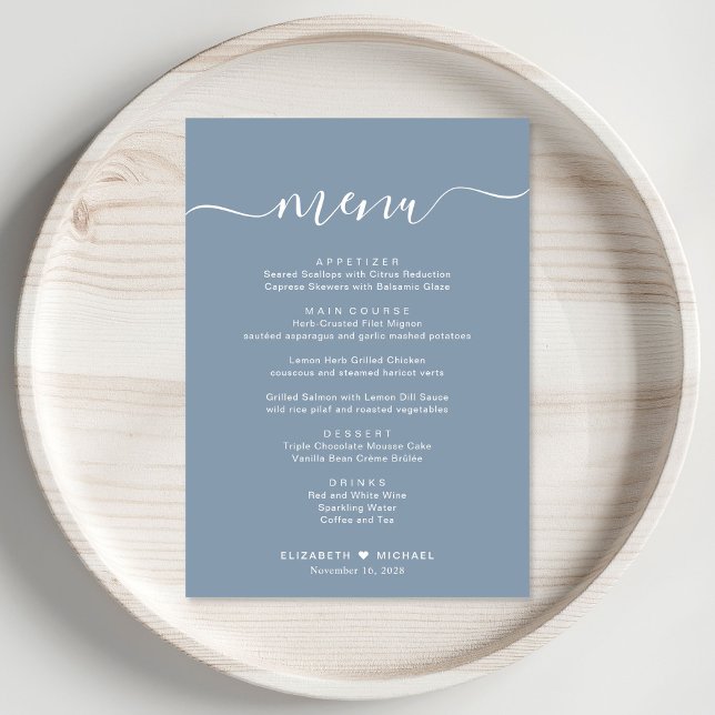 Elegant Script Dusty Blue Wedding Reception Menu (Creator Uploaded)
