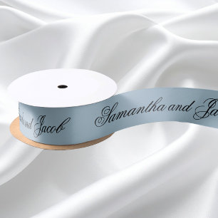 Elegant Script Dusty Blue Wedding  Satin Ribbon