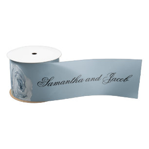 Elegant Script Dusty Blue Wedding Satin Ribbon