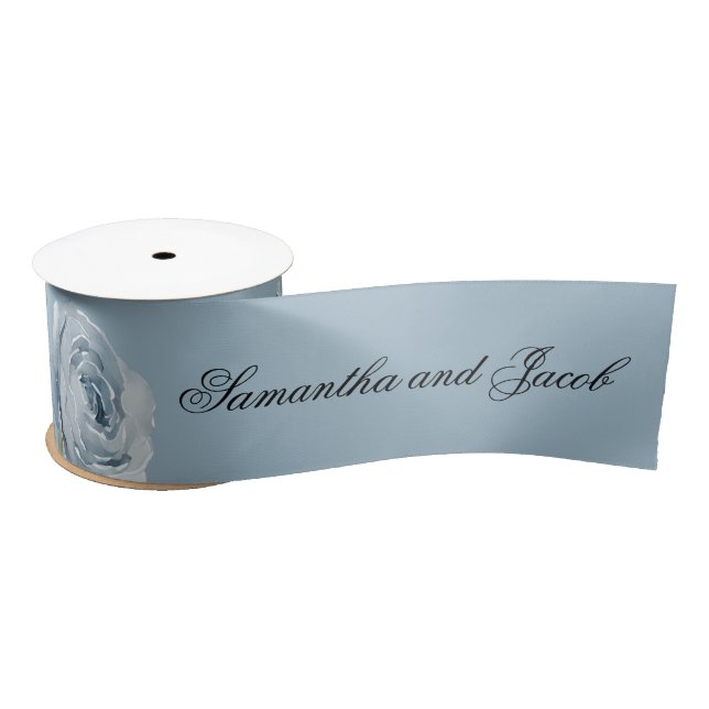 Elegant Script Dusty Blue Wedding  Satin Ribbon (Spool)