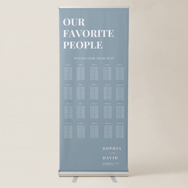 Elegant Script Dusty Blue Wedding Seating Chart Retractable Banner (Front)