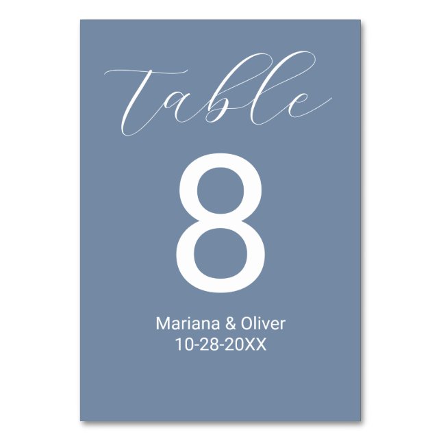 Elegant Script Dusty Blue Wedding Table Number (Front)