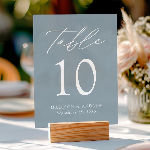 Elegant Script Dusty Blue Wedding Table Number Acrylic Sign