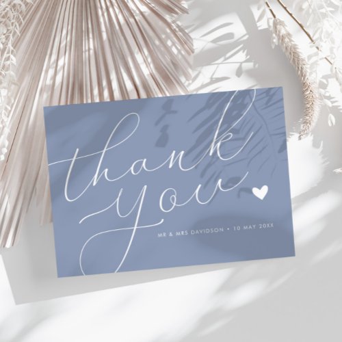 elegant script dusty blue wedding thank you card